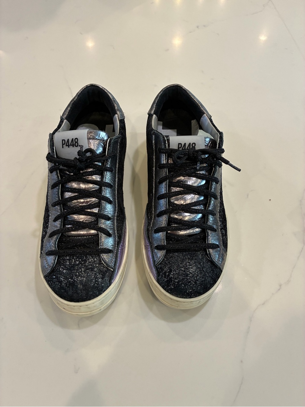 P448 Iridescent Silver and Black Low-Top Sneakers